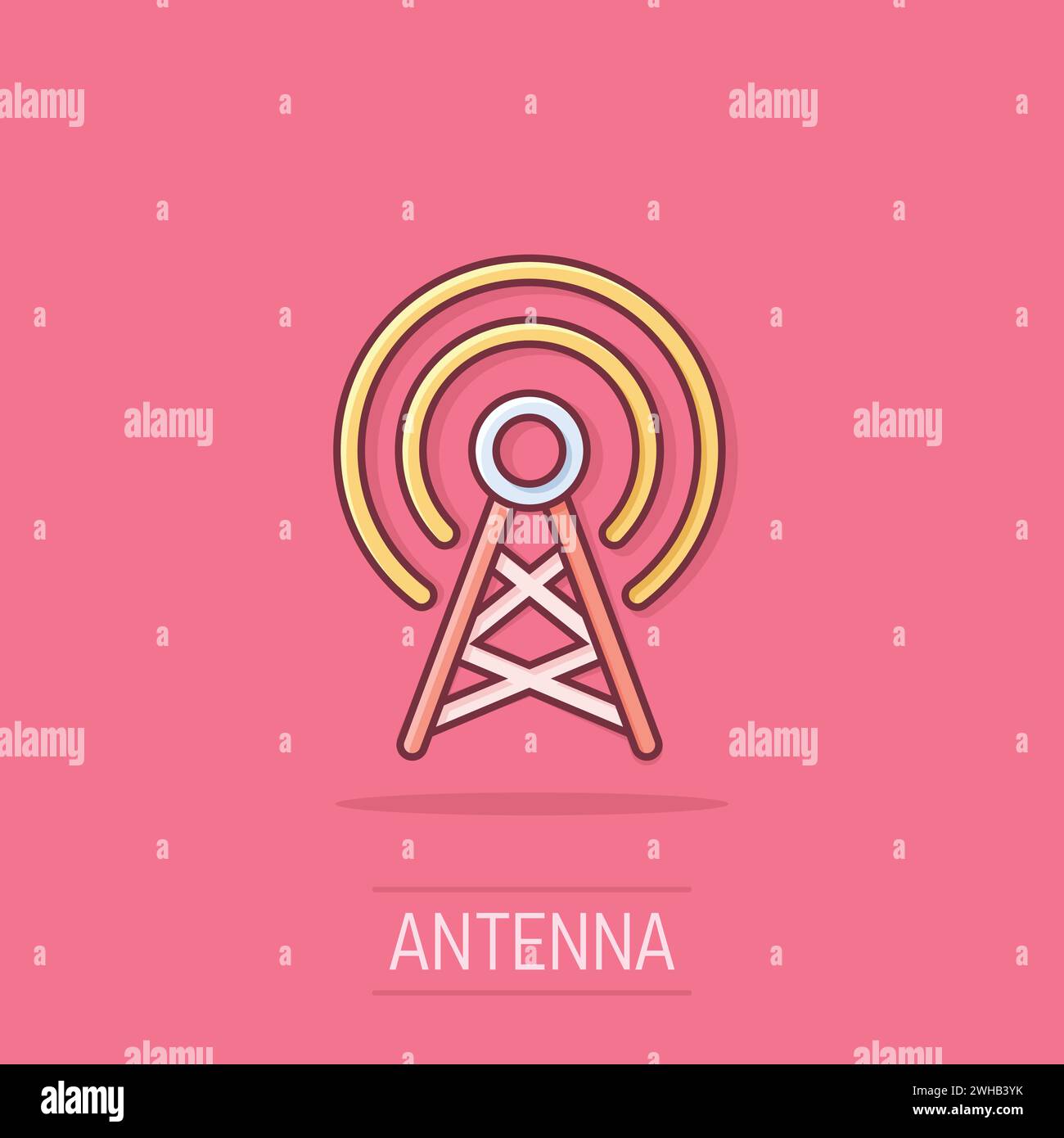 Antennenturm-Symbol im Comic-Stil. Übertragung von Cartoon-Vektor-Illustration auf isoliertem Hintergrund. WLAN-Splash-Effekt-Geschäftskonzept. Stock Vektor