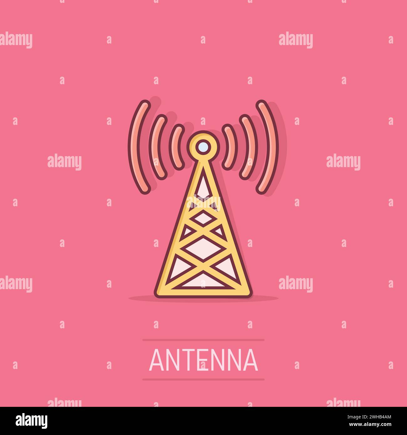 Antennenturm-Symbol im Comic-Stil. Übertragung von Cartoon-Vektor-Illustration auf isoliertem Hintergrund. WLAN-Splash-Effekt-Geschäftskonzept. Stock Vektor