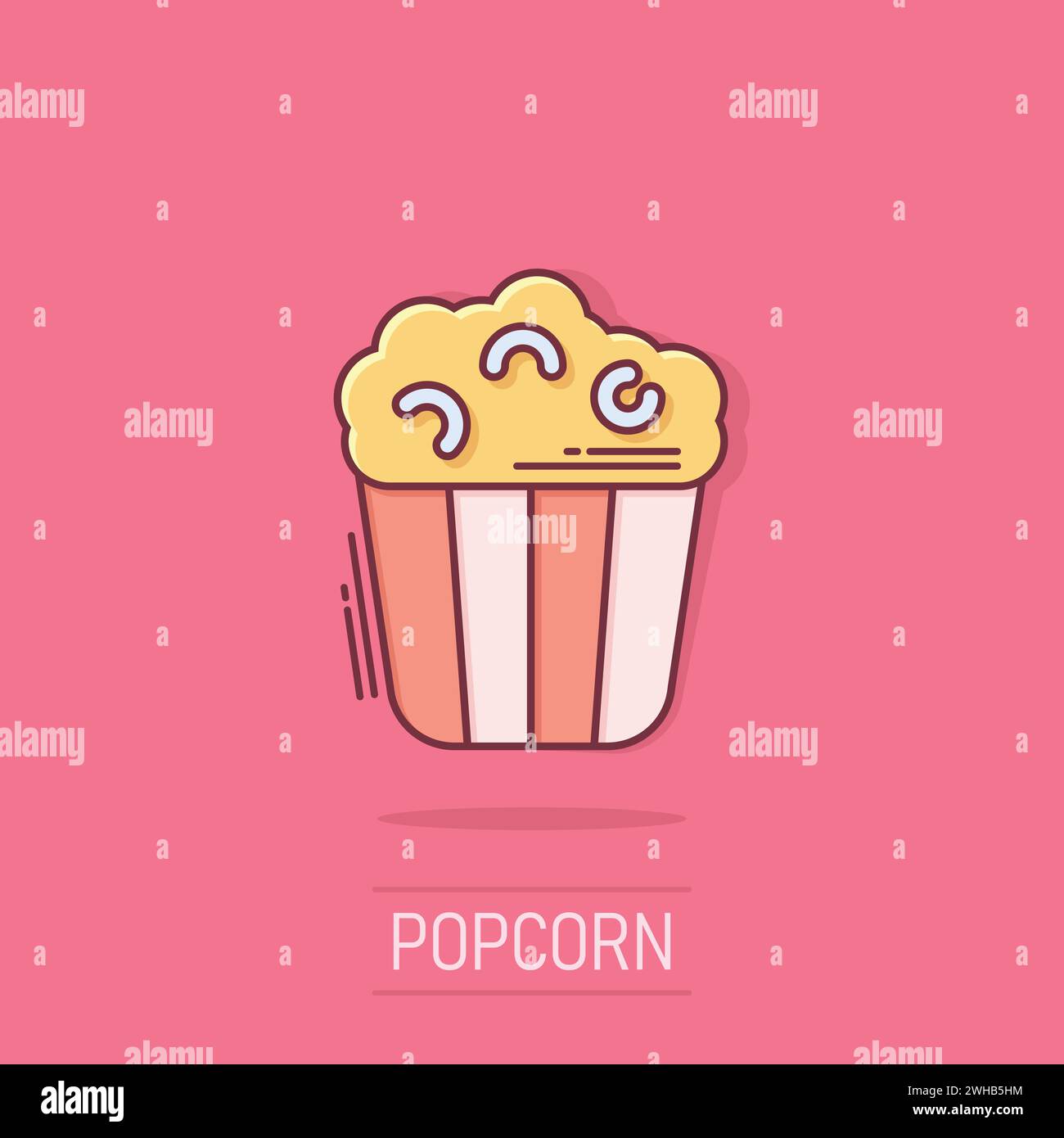 Filmsymbol im Comic-Stil. Popcorn-Karikaturvektor-Illustration auf isoliertem Hintergrund. Pop-Maiseimer-Spritzeffekt-Geschäftskonzept. Stock Vektor