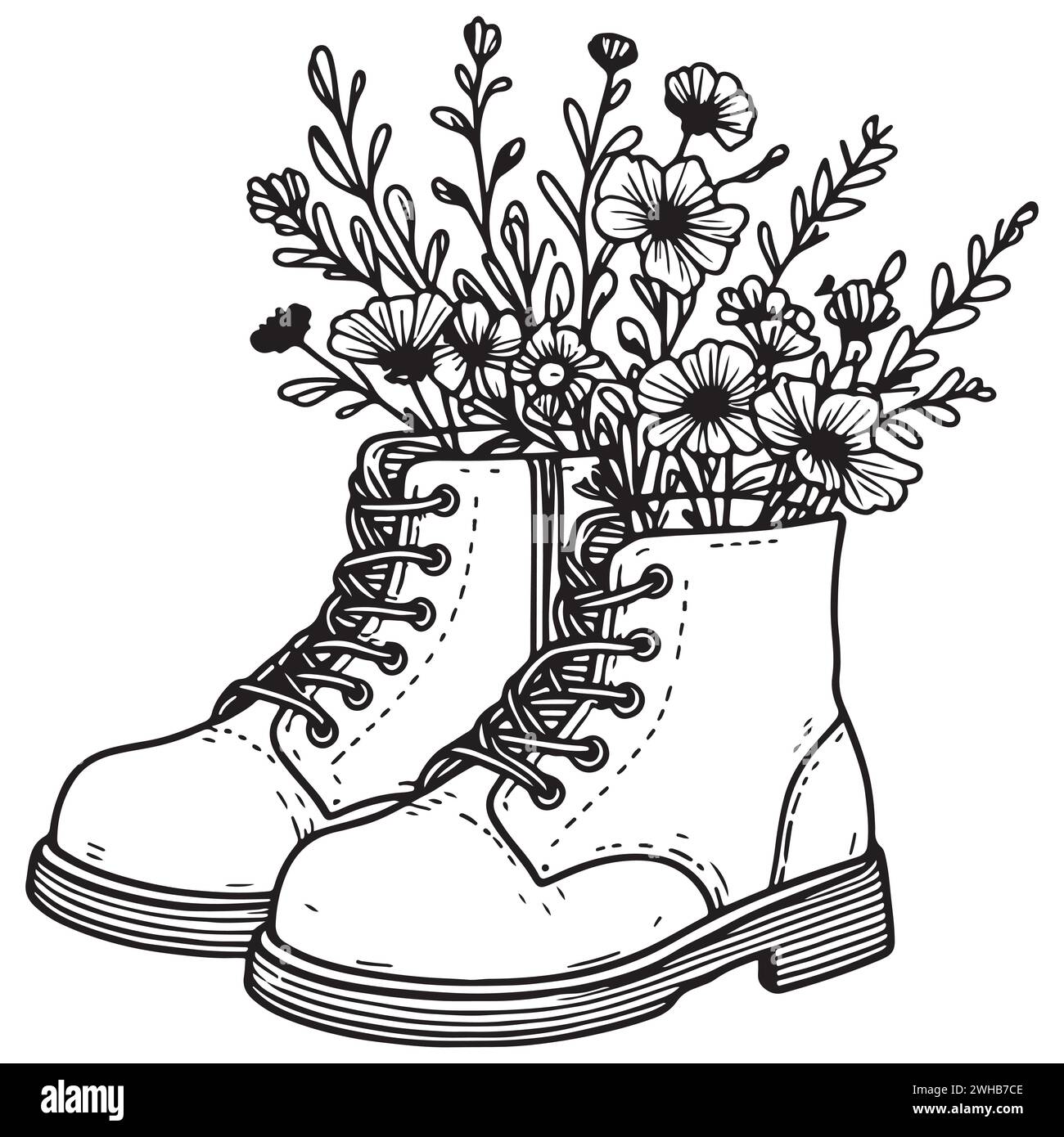 Minimalistische und elegante Illustration mit einem Blumenstrauß in Stiefeln. Linearer Stil und Schwarz-weiß sorgen für einen modernen und anspruchsvollen Look Stock Vektor