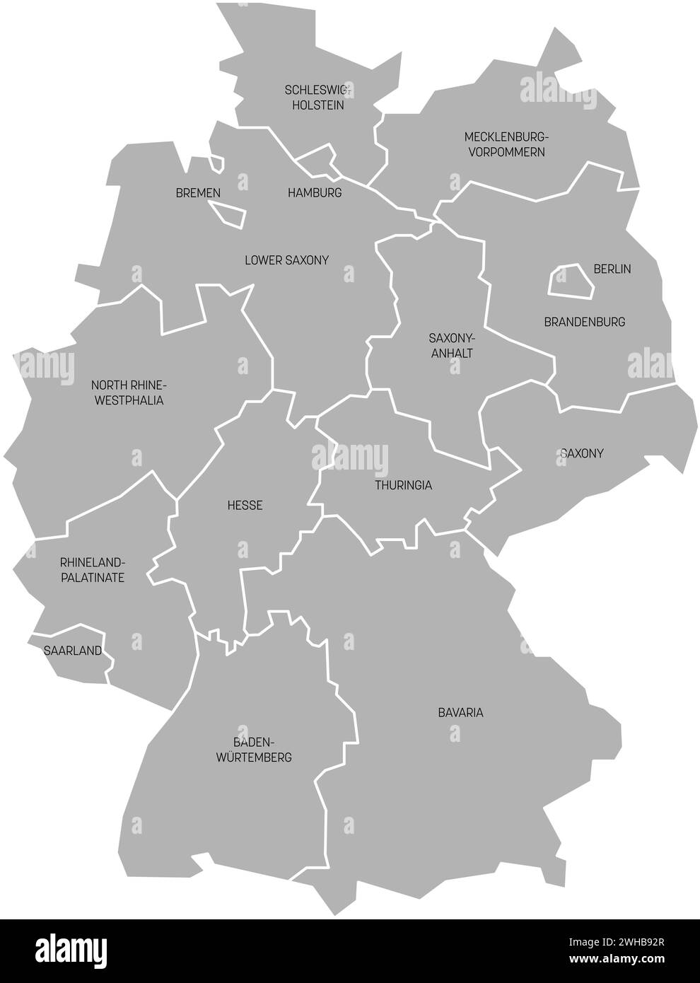 Die Karte Deutschlands weicht auf 13 bundesländer und 3 stadtstaaten ab – Berlin, Bremen und Hamburg, Europa. Einfache flache graue Vektorkarte mit schwarzen Etiketten. Stock Vektor