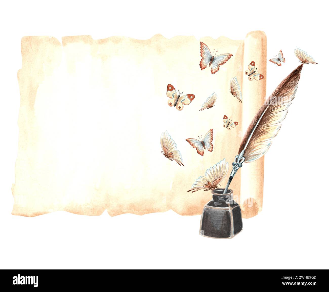 Blatt Papyruspapier, Tintenfass mit Federstift und wild flatternden Schmetterlingen. Vintage Schreibzubehör, alter Brief. Handgezeichnetes Aquarell isoliert Stockfoto