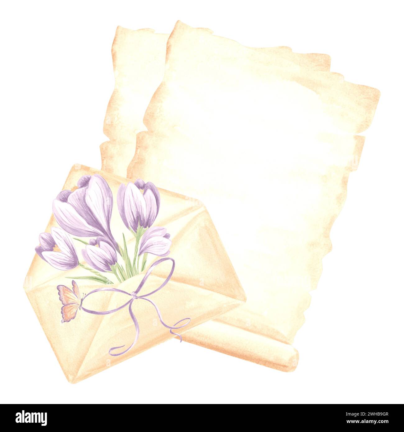 Blätter Pergamentpapier und Umschlag mit Blumenstrauß aus Krokusblüten, Bogen und Schmetterling. Schreibzubehör. Isoliertes handgezeichnetes Aquarellillustrat Stockfoto