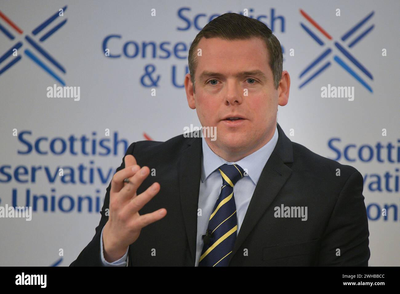 Edinburgh Schottland, Vereinigtes Königreich 9. Februar 2024. Der Vorsitzende der schottischen Konservativen Douglas Ross im Edinburgh, BioQuarter, hält eine Keynote-Rede über Schottlands NHS. Credit sst/alamy Live News Stockfoto