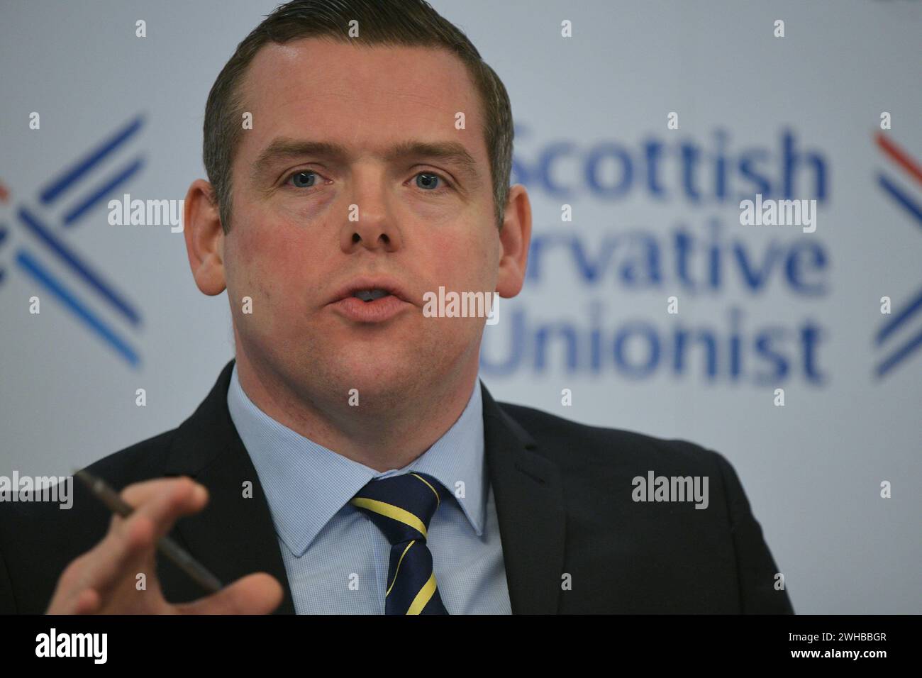 Edinburgh Schottland, Vereinigtes Königreich 9. Februar 2024. Der Vorsitzende der schottischen Konservativen Douglas Ross im Edinburgh, BioQuarter, hält eine Keynote-Rede über Schottlands NHS. Credit sst/alamy Live News Stockfoto