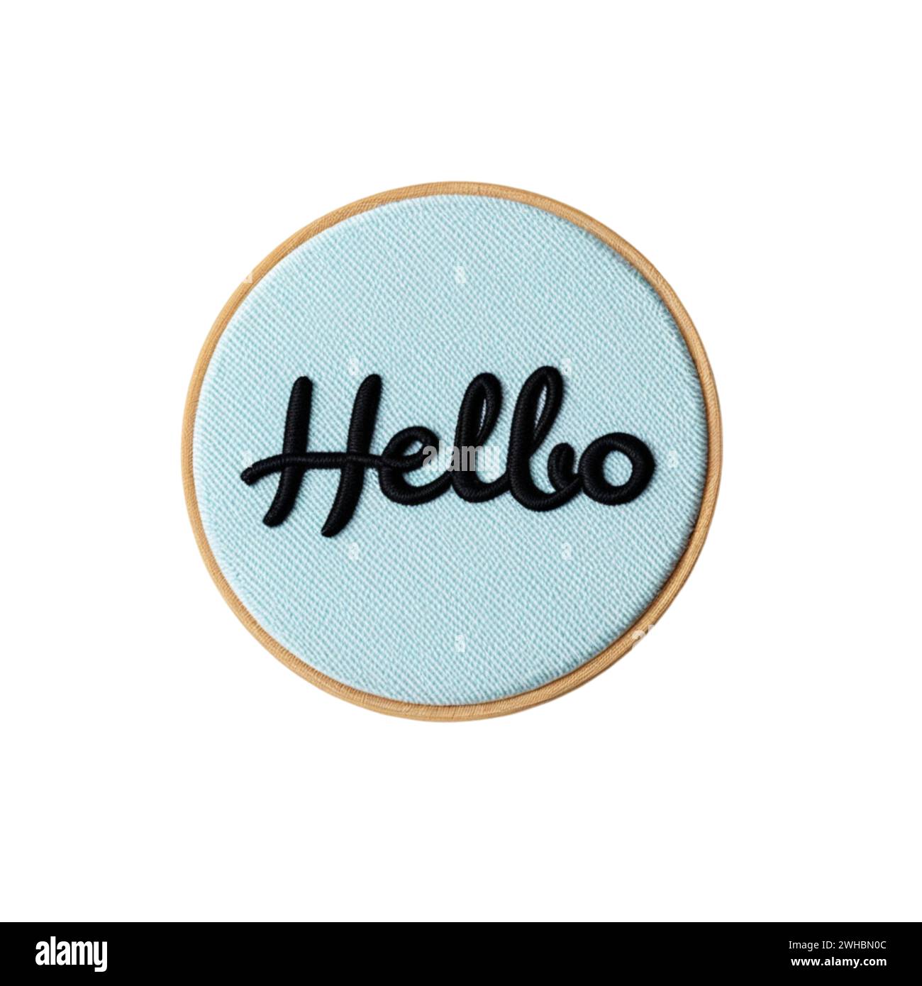 Gesticktes Sticky Badge mit dem Wort Hallo auf isoliertem transparentem Hintergrund Stockfoto