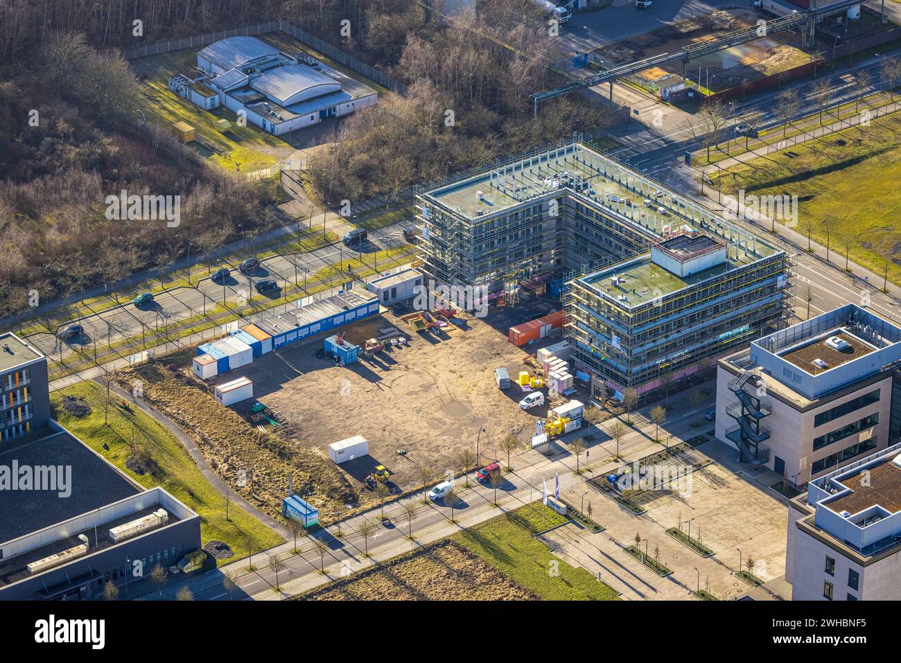 Luftbild, Technologiepark Gewerbegebiet Phoenix West, TÜV Nord Baustelle, Walter-Bruch-Straße, Verkehrssituation, Hörde, Dortmund, Ruhrgebiet, Nordrhein-Westfalen, Deutschland ACHTUNGxMINDESTHONORARx60xEURO *** Luftaufnahme, Technologiepark Gewerbegebiet Phoenix West, TÜV Nord Baustelle, Walter Bruch Straße, Verkehrssituation, Hörde, Dortmund, Ruhrgebiet, Nordrhein-Westfalen, Deutschland ACHTUNGxMINDESTHONORARx60xEURO Stockfoto