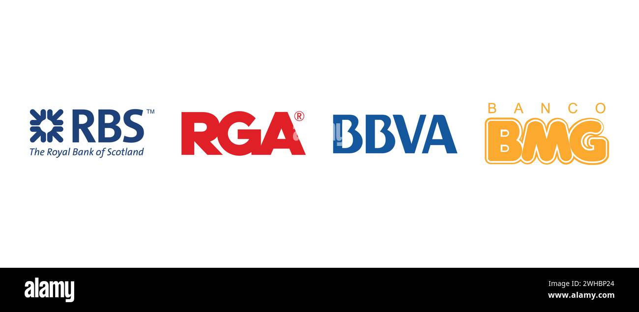 Banco BMG, BBVA, Royal Bank of Scotland, Reinsurance Group of America. Vektorillustration, redaktionelles Logo. Stock Vektor