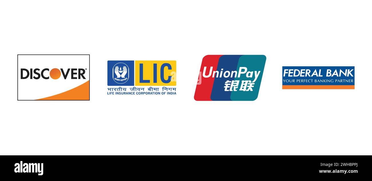 Union Pay, Federal Bank India, LIC, Discover Card. Vektorillustration, redaktionelles Logo. Stock Vektor