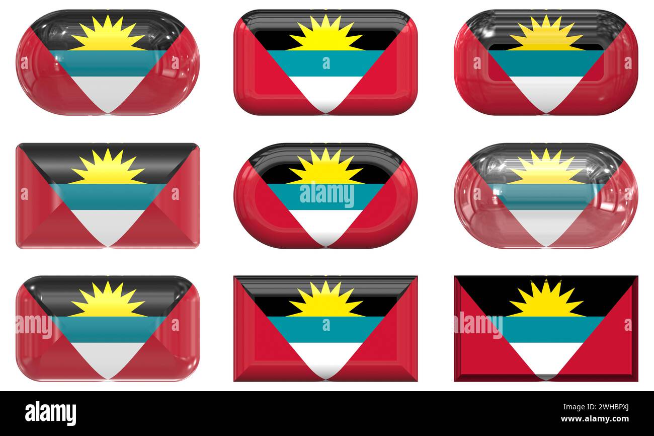 Neun Glasknöpfe der Flagge von antigua barbuda Stockfoto