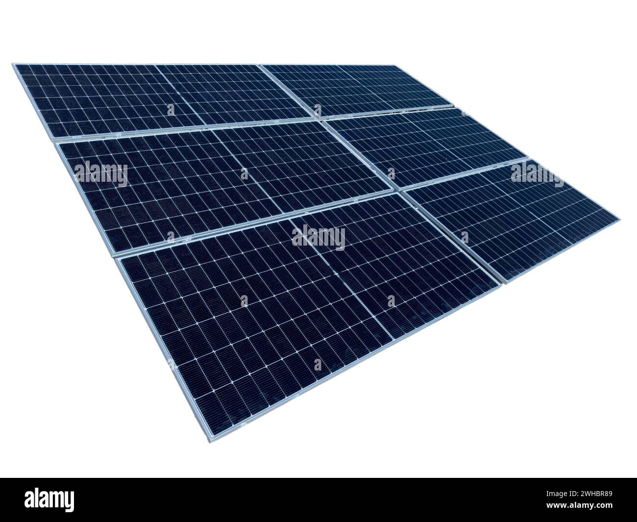 Sonnenkollektoren auf weißem isoliertem Hintergrund. Konzept für saubere erneuerbare Energien. Stockfoto