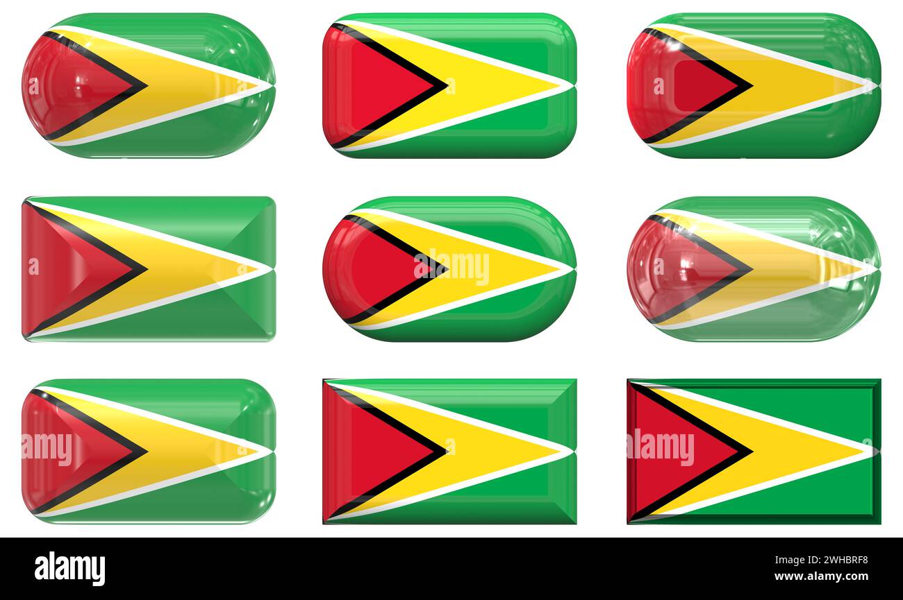 Neun Glasknöpfe der Flagge von Guyana Stockfoto