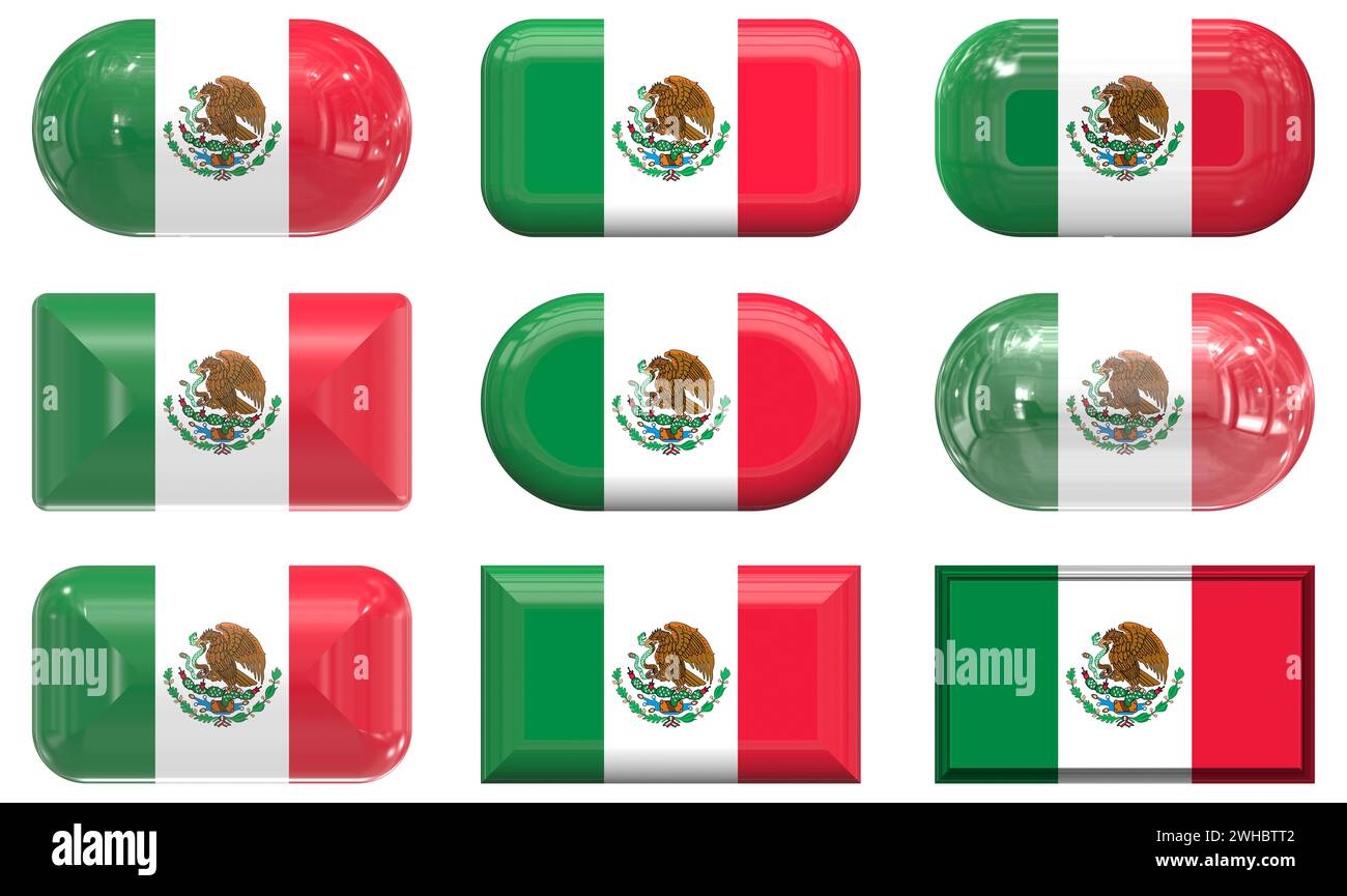 Neun Glasknöpfe der Flagge von Mexiko Stockfoto