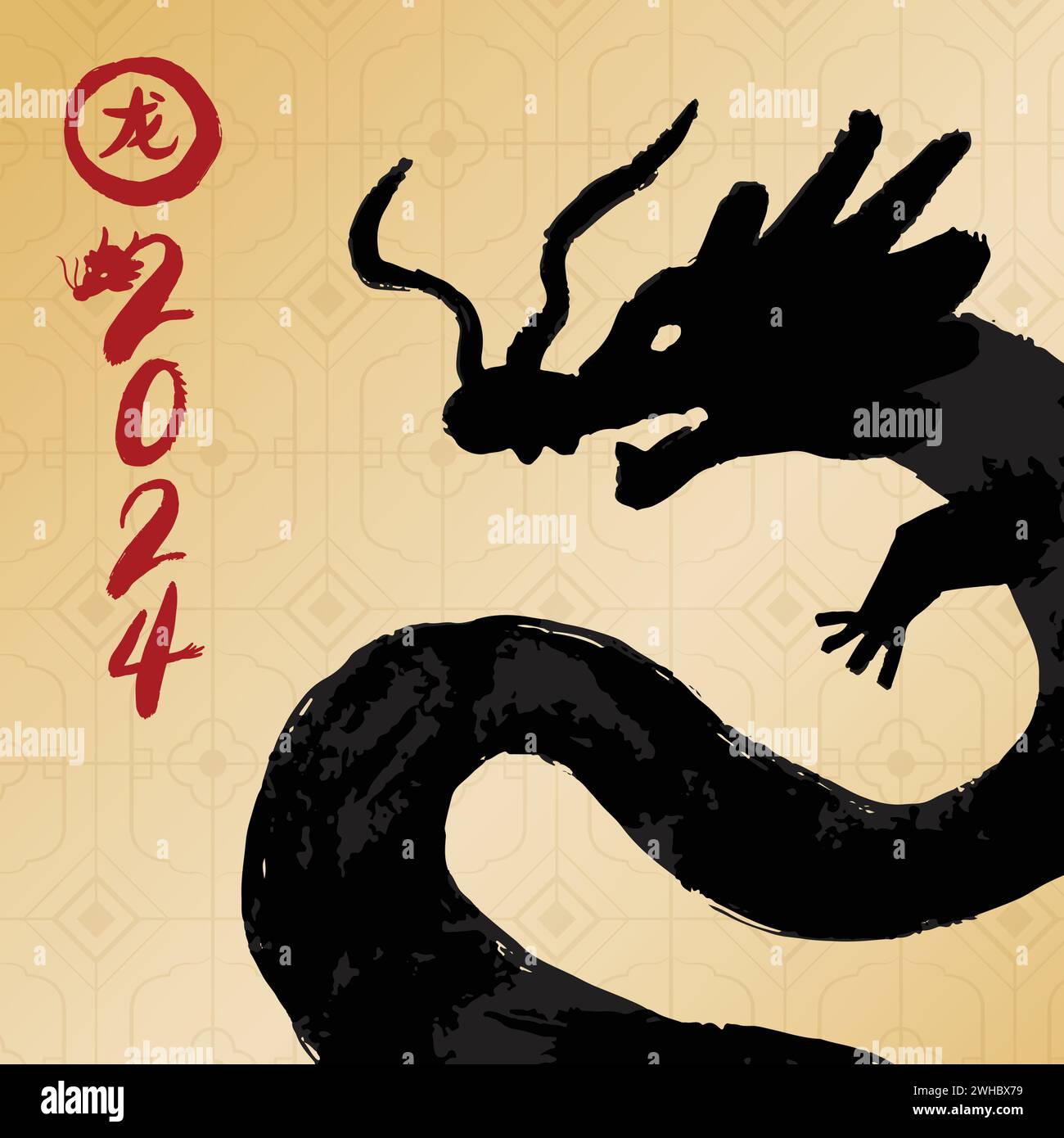 Drachensilhouette für Lunar Chinese New Year 2024, Vektordesign, goldener Hintergrund mit orientalischem Stilmuster, Fremdtextsetzung als Jahr des t Stock Vektor