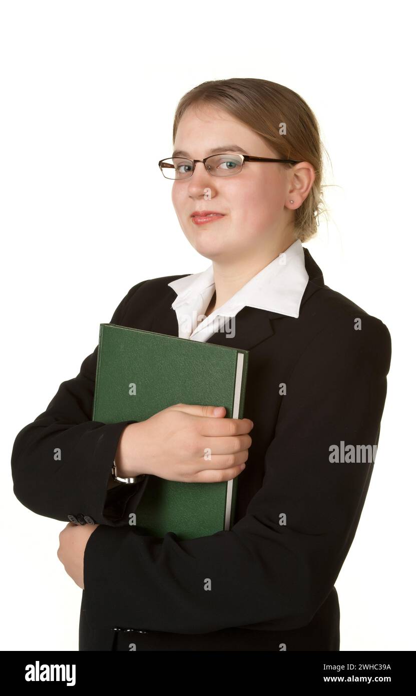 Junge Buchhalterin mit Hauptbuch Stockfoto