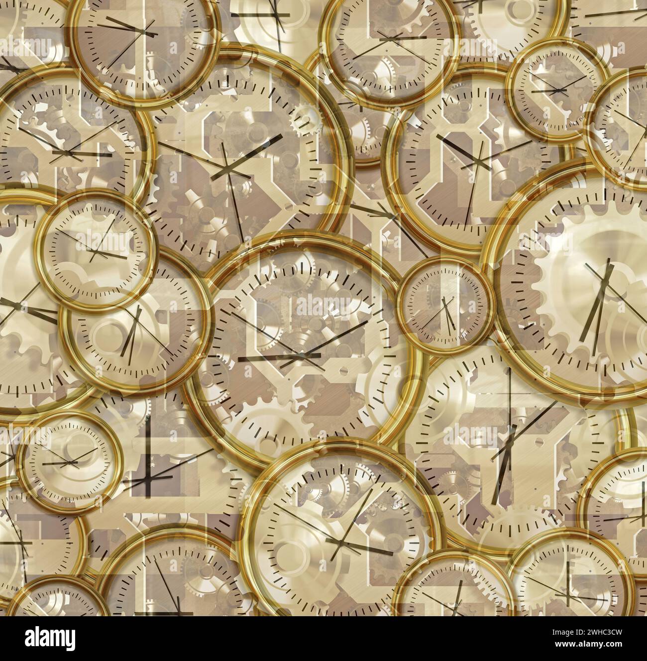 Uhren und Zahnräder im Zeitverlauf Stockfoto
