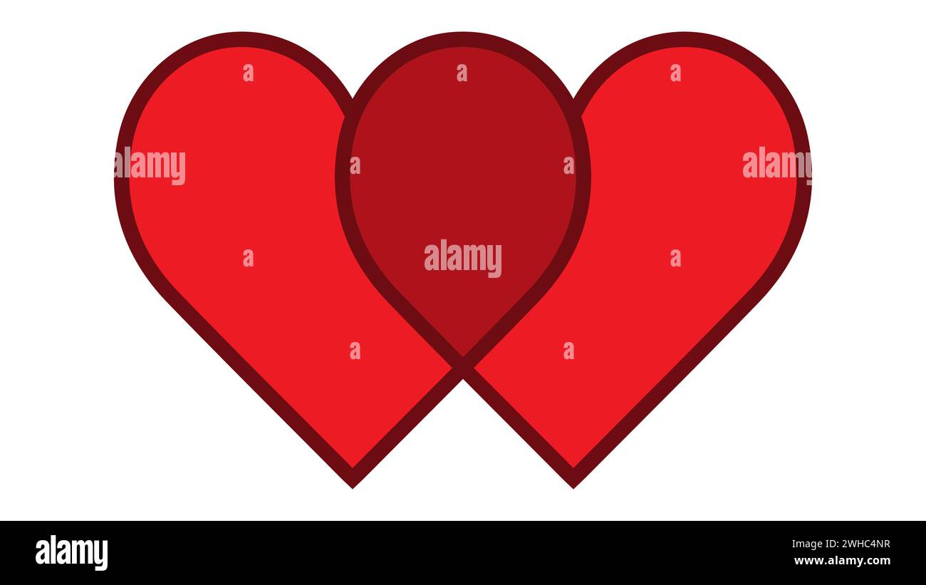 Zwei rote Herzen sind auf weißem Hintergrund miteinander verflochten Stock Vektor