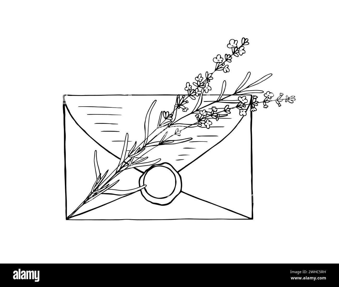 Umschlag mit Wachsversiegelung und Lavendelzweig. Vektor-handgezeichnete lineare Skizze für die Konstruktion. Lavendelästhetik Stock Vektor
