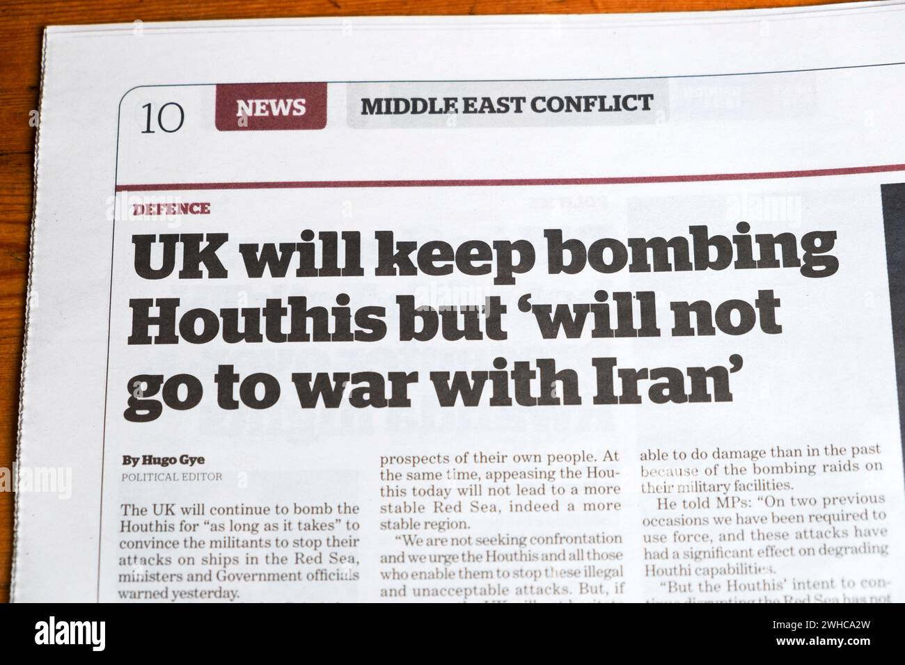 "Großbritannien wird weiterhin Huthis bombardieren, aber "wird nicht mit dem Iran in den Krieg ziehen" i Zeitung Schlagzeile Nahost Konflikt artikel 6 Februar 2024 London England Großbritannien Stockfoto