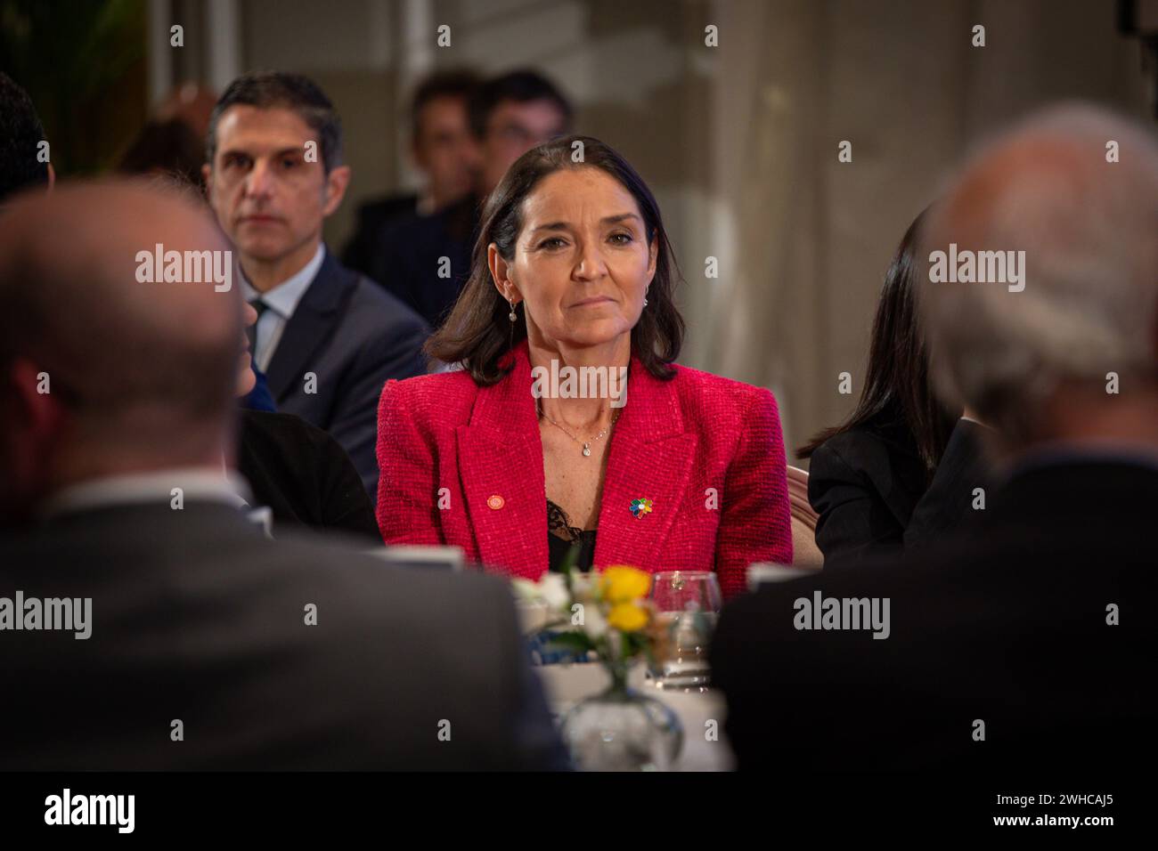 Madrid, Spanien. Februar 2024. María Reyes Maroto, ehemaliger Minister für Industrie, Handel und Tourismus der spanischen Regierung, nimmt an einem informativen Frühstück Teil. Der Vorsitzende der Sozialistischen Partei Madrids, Juan Lobato, nahm an einem informativen Frühstück im Hotel Ritz in Madrid Teil, das ihm der hohe Vertreter der Union für Außen- und Sicherheitspolitik und Vizepräsident der Europäischen Kommission, Josep Borrell, vorstellte. (Foto: David Canales/SOPA Images/SIPA USA) Credit: SIPA USA/Alamy Live News Stockfoto