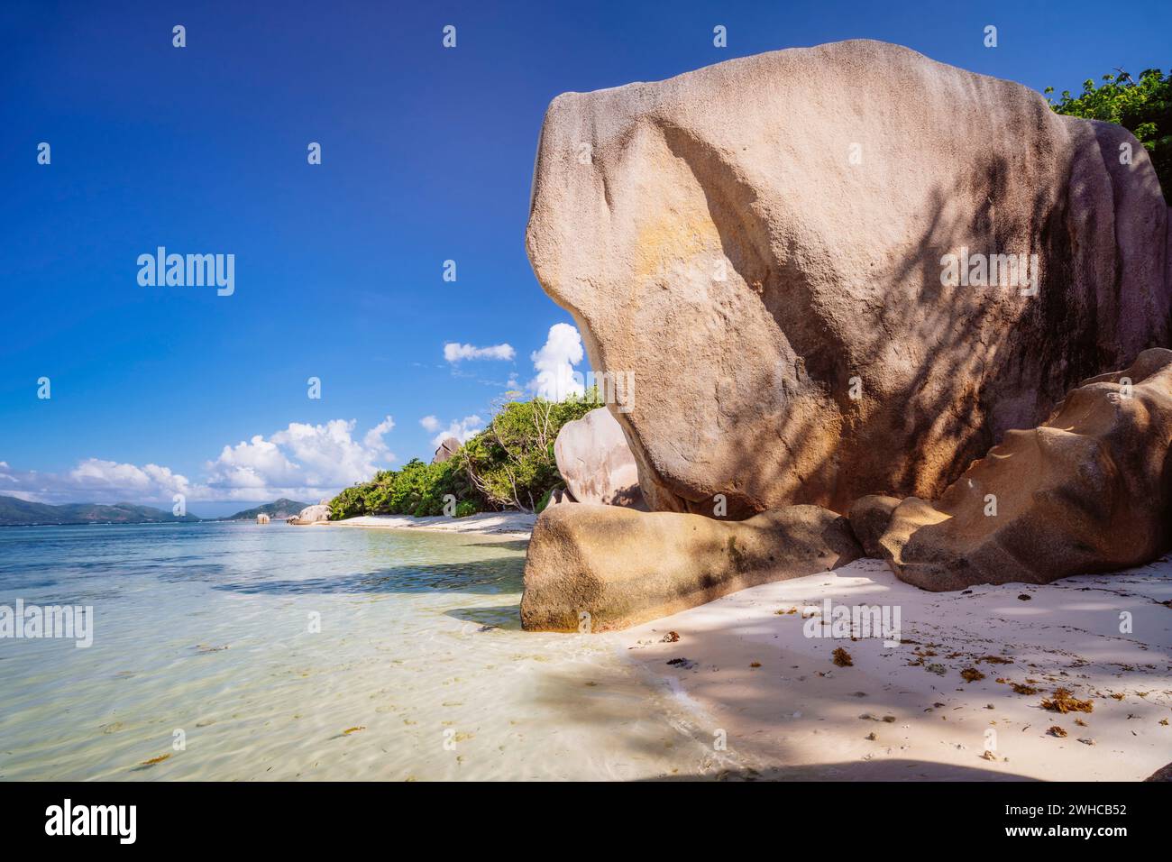 La Digue, Seychellen, Anse Source d'Argent, berühmte und schönste Strände der Welt. Stockfoto