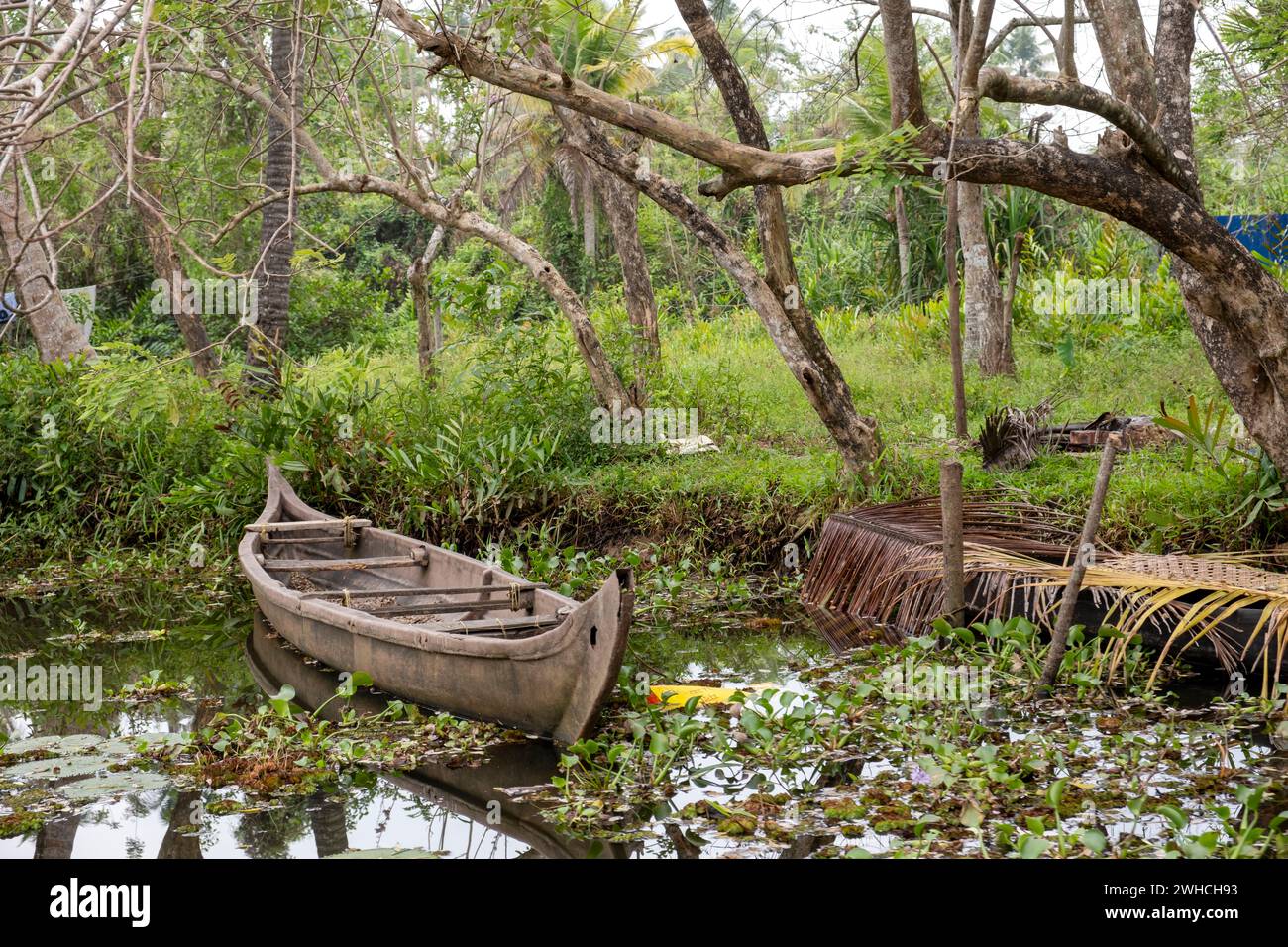 Altes verlassenes Ruderboot am Ufer eines Kanals, umgeben von üppigem Grün, Kerala Backwaters, Indien Stockfoto