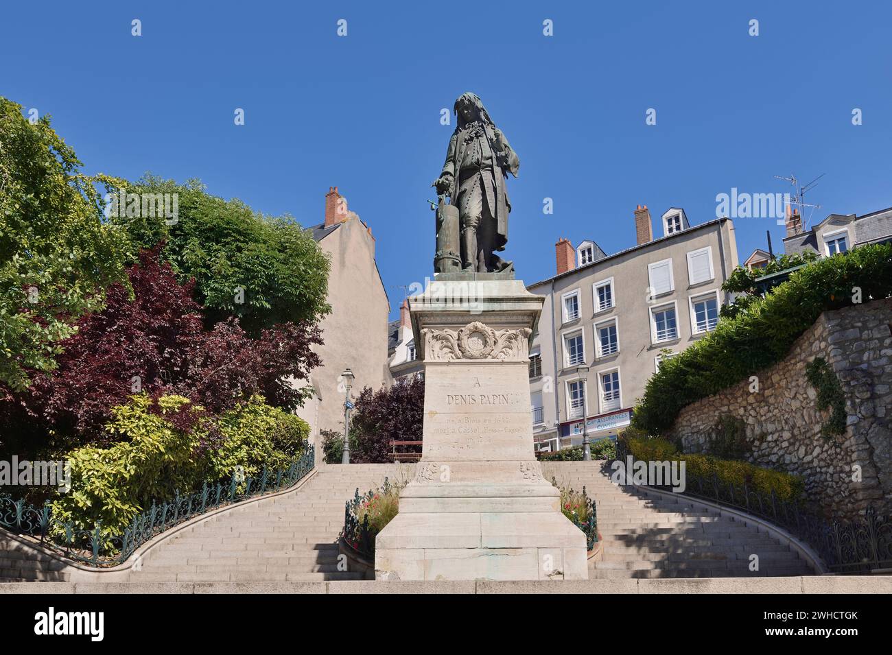 Statue des Physikers, Mathematikers und Erfinders Denis Papin, Blois, Departement Loir-et-Cher, Region Centre-Val de Loire, Frankreich Stockfoto