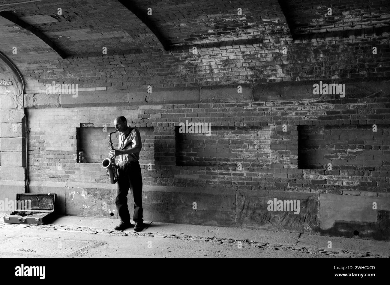 Saxophonspieler unter einer Brücke im Central Park, New York City, USA Stockfoto