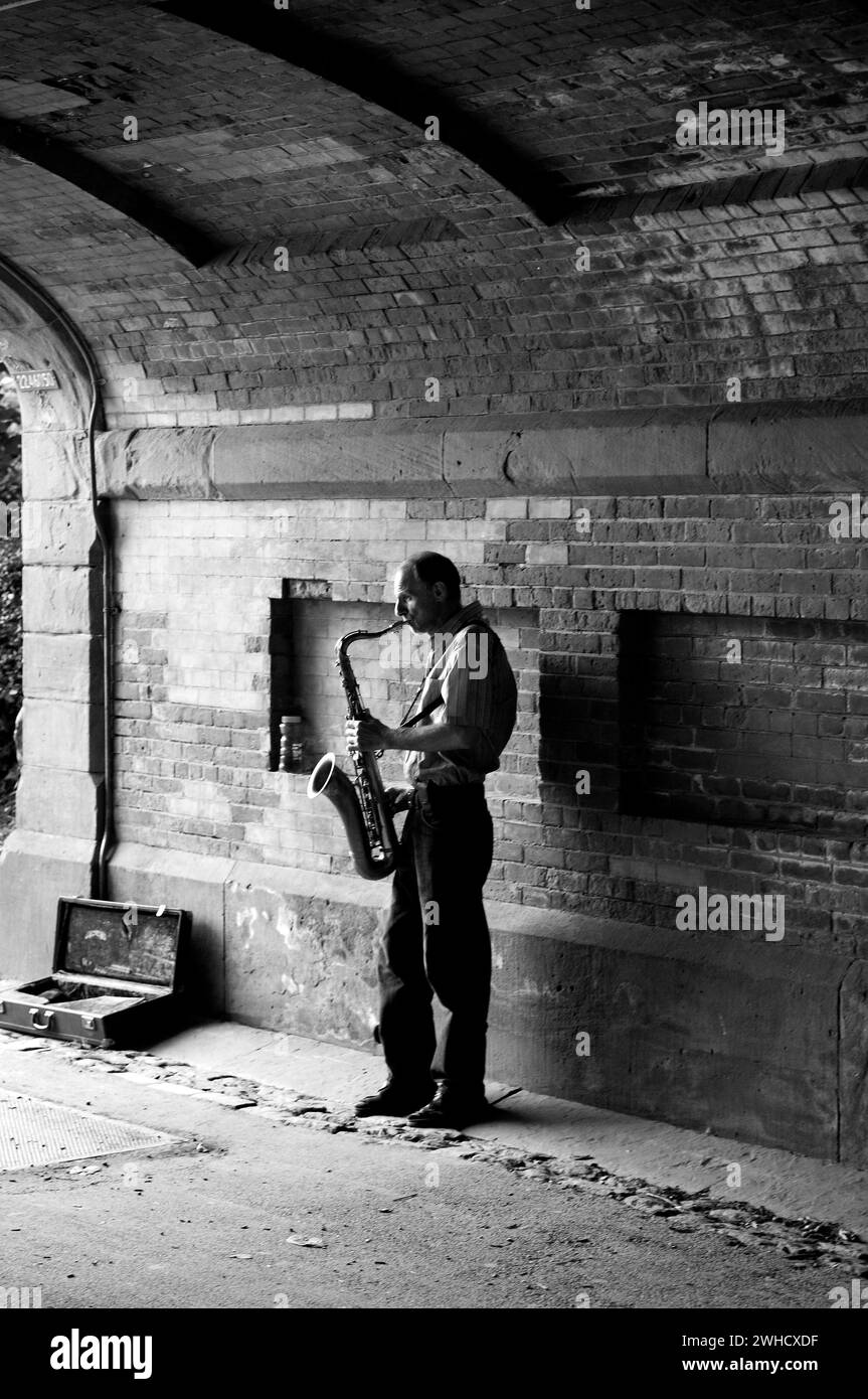 Saxophonspieler unter einer Brücke im Central Park, New York City, USA Stockfoto