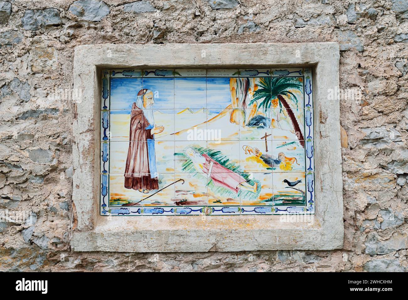 Keramikfliesen Wandgemälde, Ermita de Betlem, Mallorca, Balearen, Spanien Stockfoto