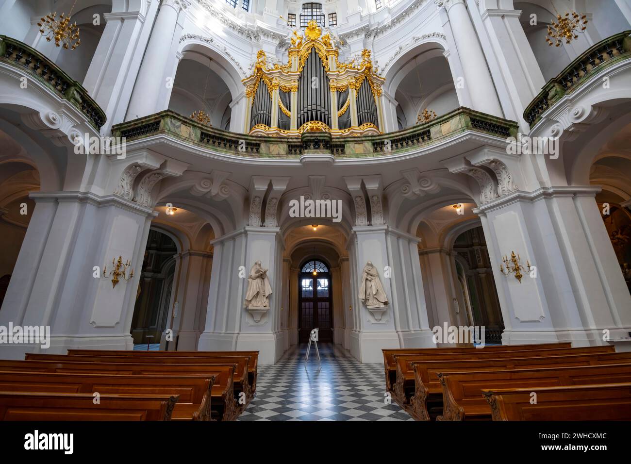 Innenansicht des St. Trinitatis Doms, Orgelloft, Dresden, Freistaat Sachsen, Deutschland Stockfoto