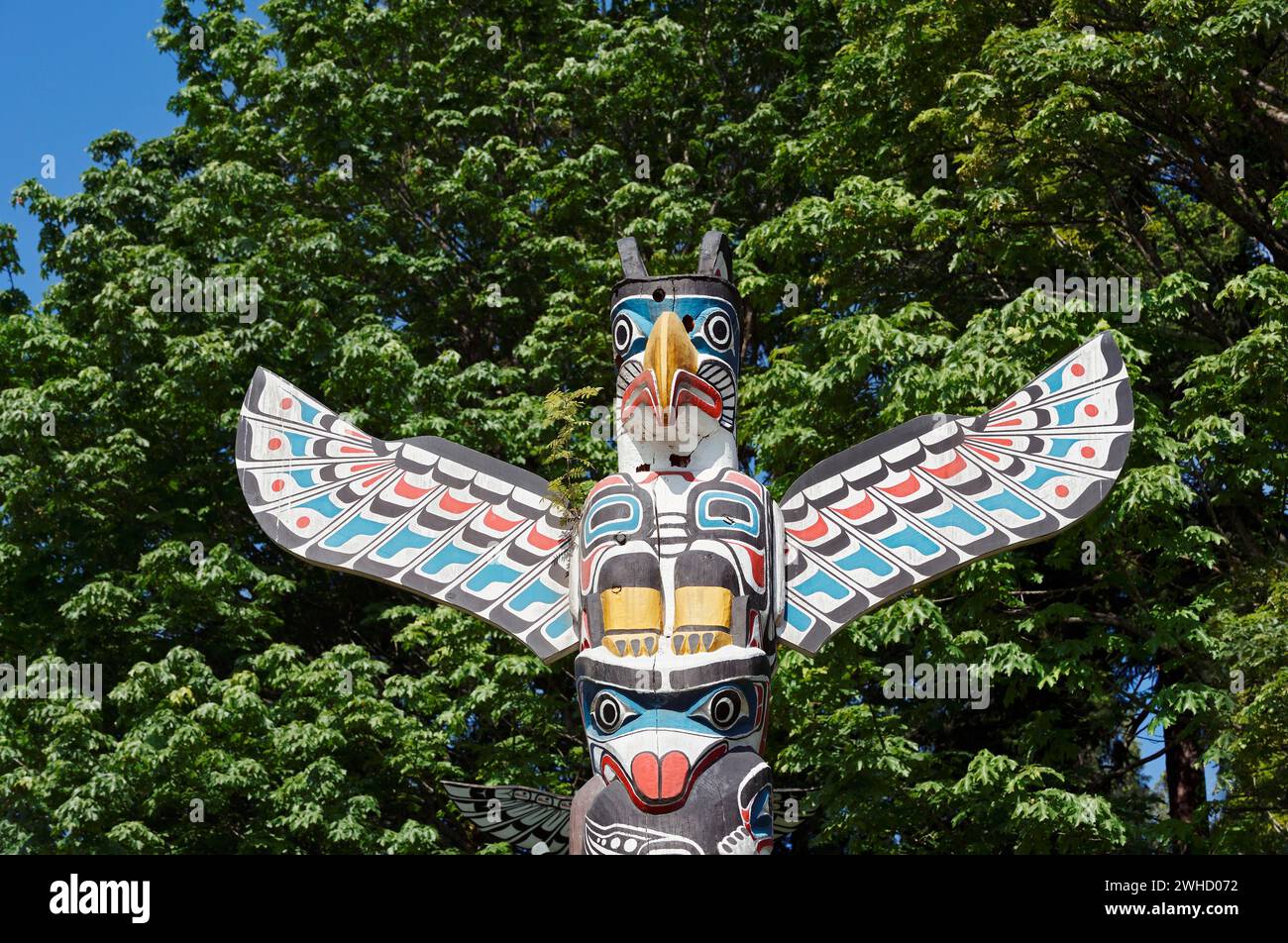 Totem Pole, Kakaso'Las Totem Pole, Stanley Park, Vancouver, British Columbia, Kanada Stockfoto