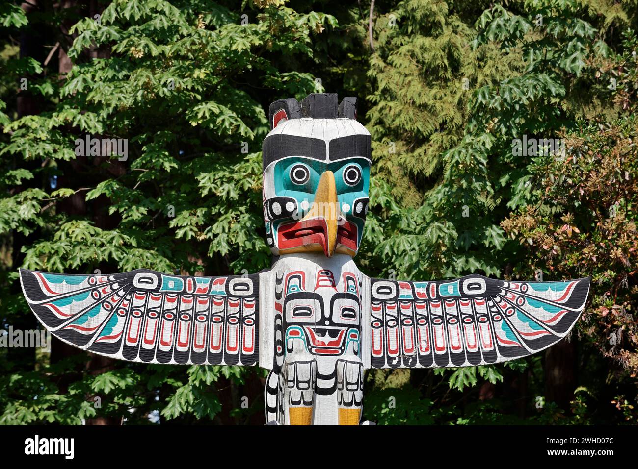 Totem Pole, Thunderbird House Post Totem Pole, Stanley Park, Vancouver, British Columbia, Kanada Stockfoto