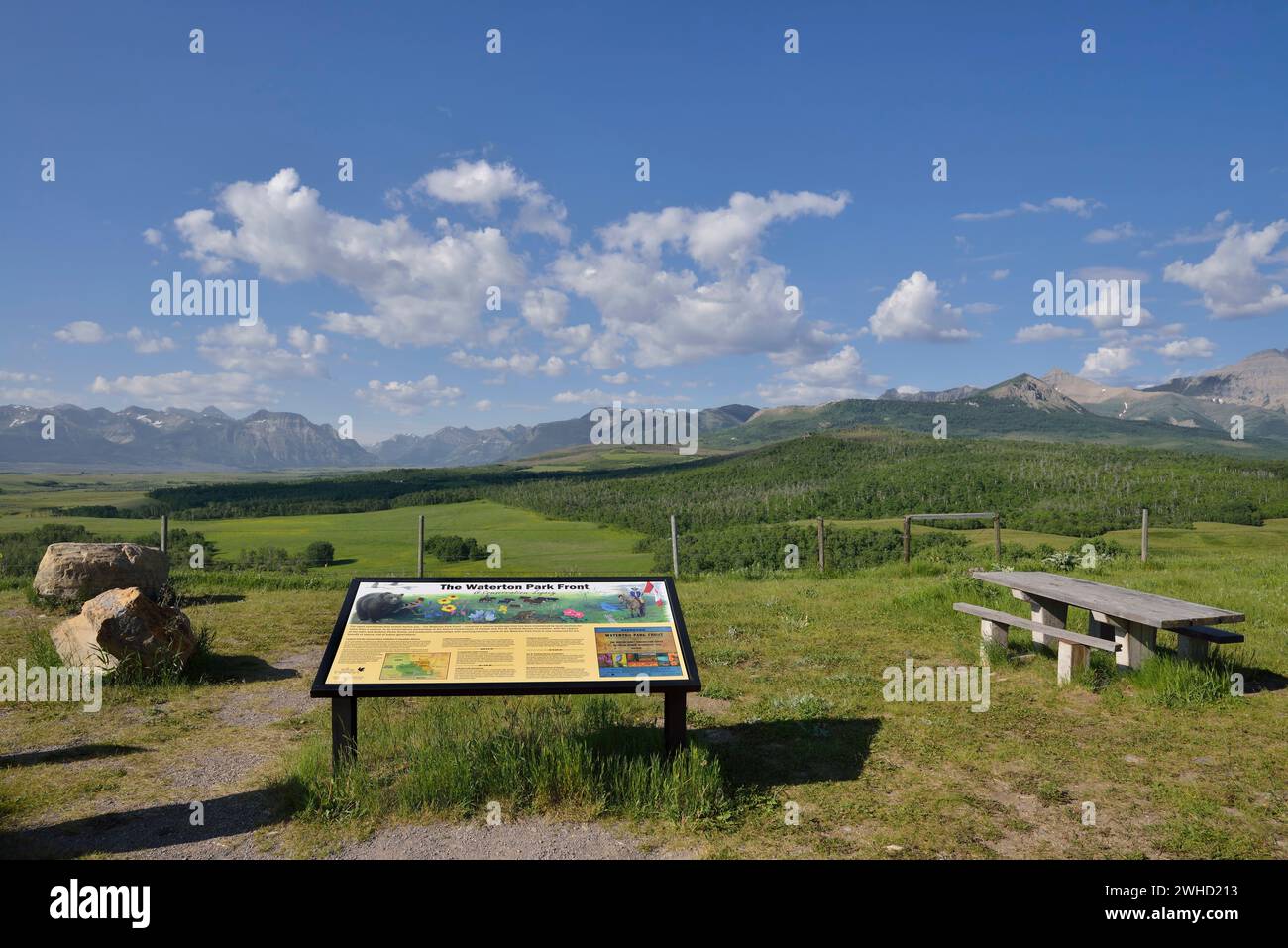 Informationstafel, Waterton Park Front, Alberta, Kanada Stockfoto