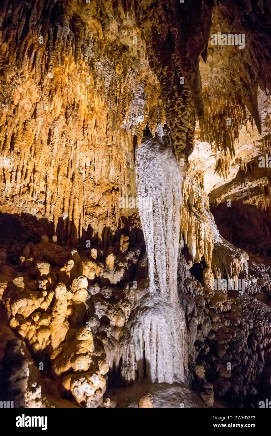 Speleothem-Formationen wie Stalaktiten und Flowstone in Luray Caverns, Virginia Stockfoto