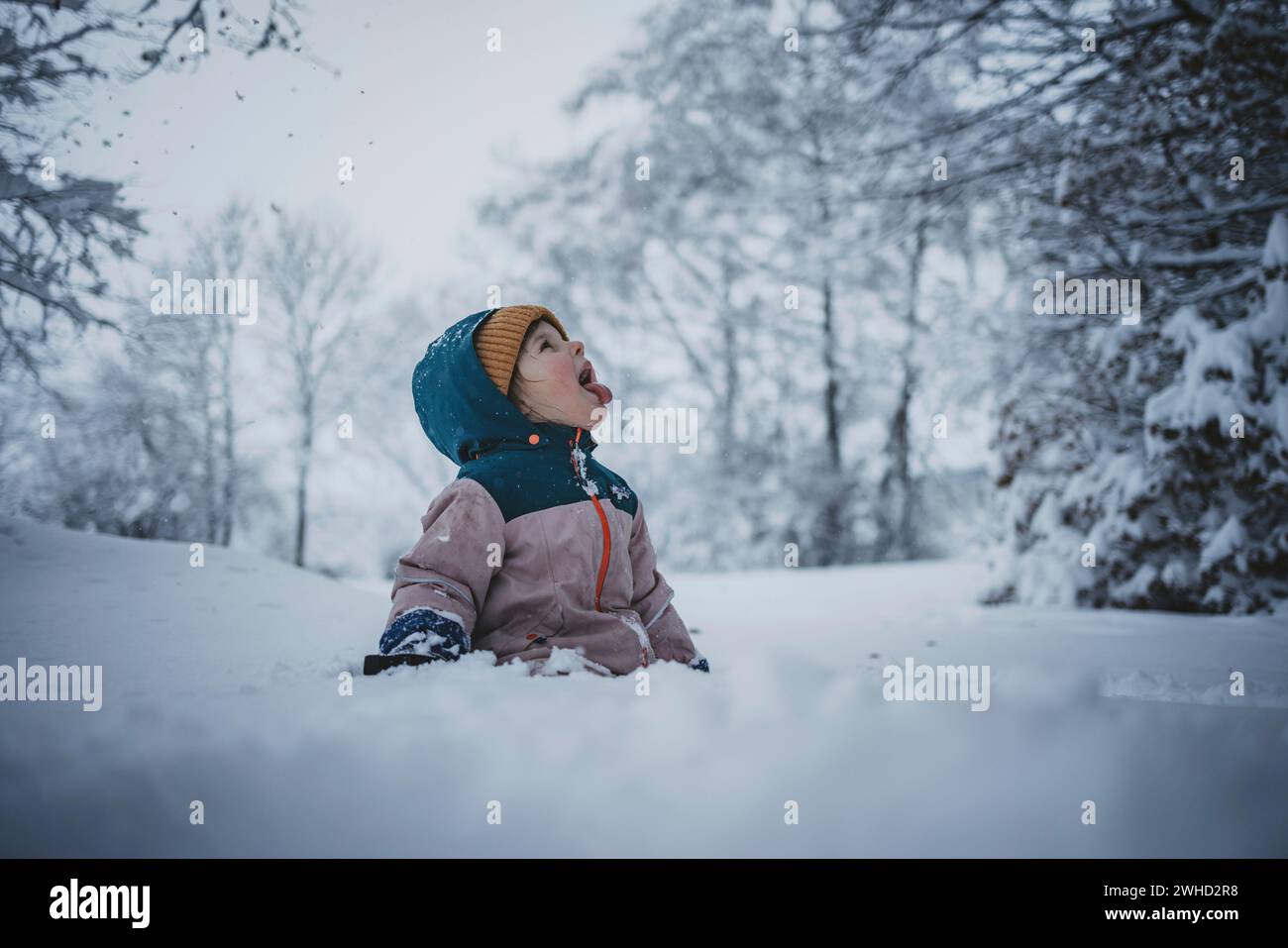 Kleines Mädchen, das mitten im Wald auf einer schneebedeckten Oberfläche spielt Stockfoto