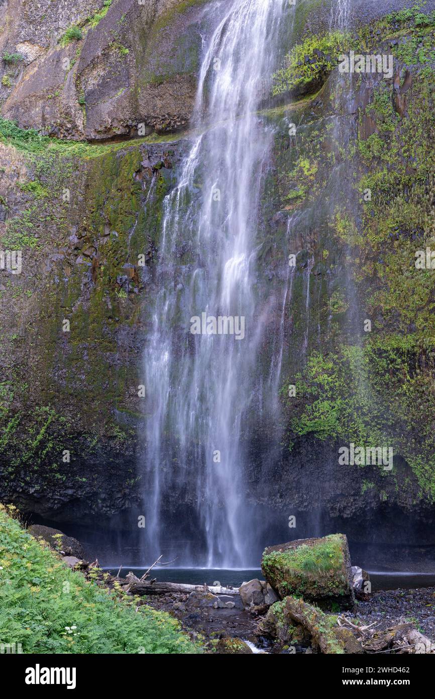 Ein Langzeitfoto der Upper Multnomah Falls. Stockfoto