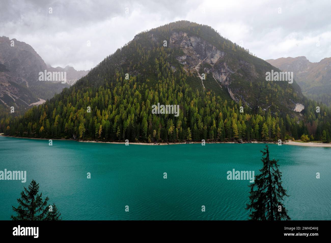 Pragser See im Naturpark Fanes Sennes Prags, Dolomiten, Alpen, Provinz Bozen, Trentino-Südtirol, Südtirol, Südtirol, Italien, Italien Stockfoto