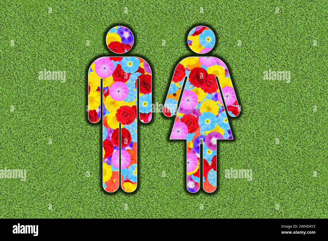 Piktogramm eines stehenden Mannes und einer stehenden Frau, Seite an Seite, mit bunten Blumen auf grünem Hintergrund, Grafik, Symbol Stockfoto
