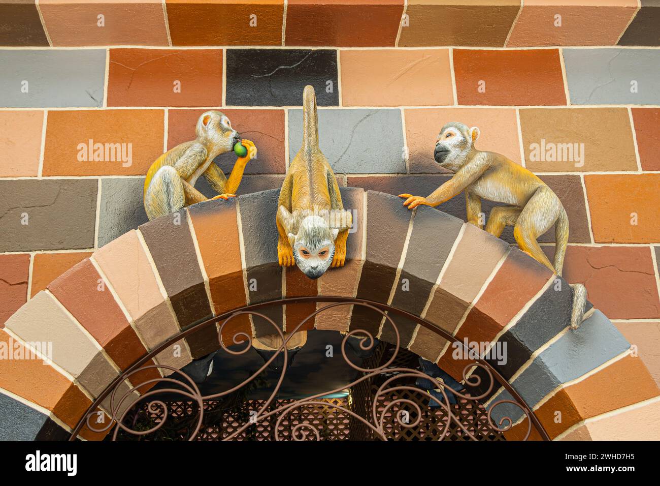 Costa Rica, San Jeronimo - 22. Juli, 20.23: El Jardin Souvenir Shop. Panamaische Kapuzineraffenpuppen über dem Außenfenster Stockfoto