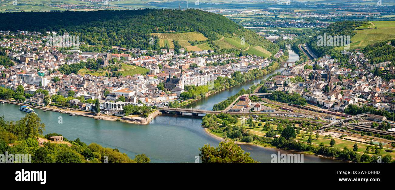 Rossel-Blick auf Bingen und Bingerbrück, das Binger Loch, den Beginn des Mittelrheins, nahe-Mündung mit Rhein-nahe-Eck, UNESCO-Weltkulturerbe Oberes Mittelrheintal, Weltkulturerbe Stockfoto