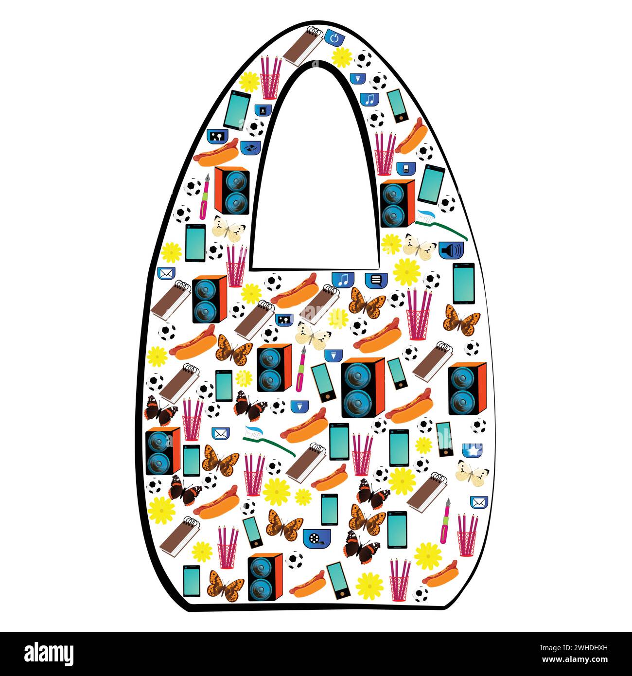 Einkaufstasche mit vielen Icons; Konzeptvektor mit kleinen Ikonen in Einkaufstaschenform; verschiedene Produktsymbole, die beim Einkaufen zusammengesetzt sind Stock Vektor