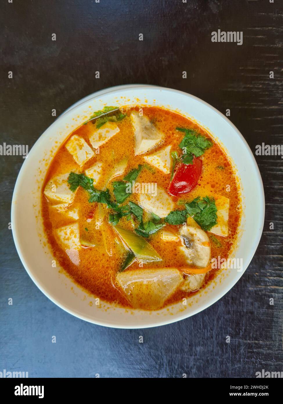 Tom Kha Kai, Tom Kha Gai oder Tom-Kha-Kai in einer Schüssel mit den Zutaten Kokosmilch, Galgant, Zitronengras und Tofu anstelle von Hühnerfleisch Stockfoto