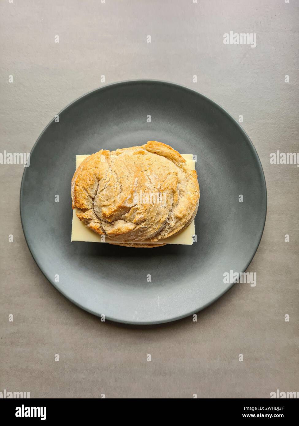 Ein Brötchen mit Käse liegt auf einer grauen Platte vor grauem Hintergrund Stockfoto