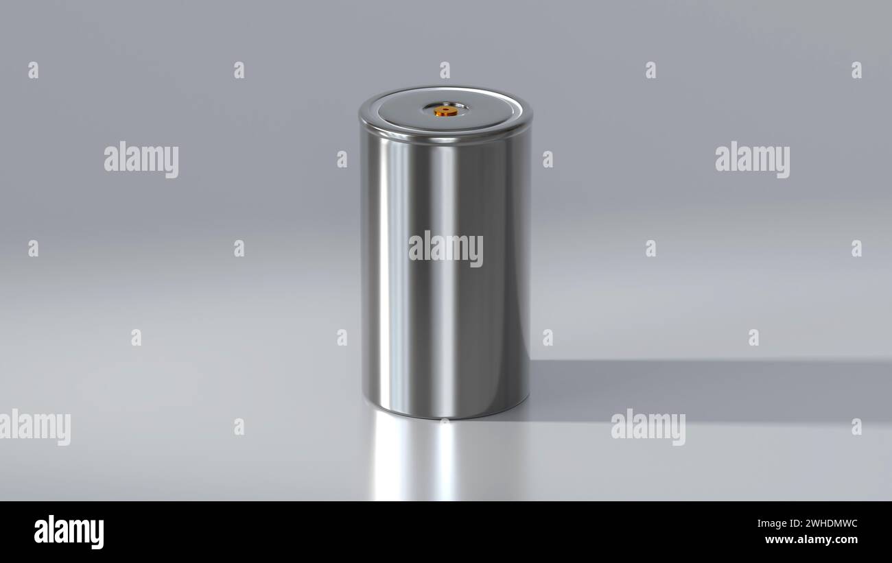 Lithium Traction 4680 Batteriezelle für Batteriemodule auf weißem Hintergrund, Massenproduktion von Batterien Hochleistung, Energie für Elektrofahrzeuge, trocken Stockfoto