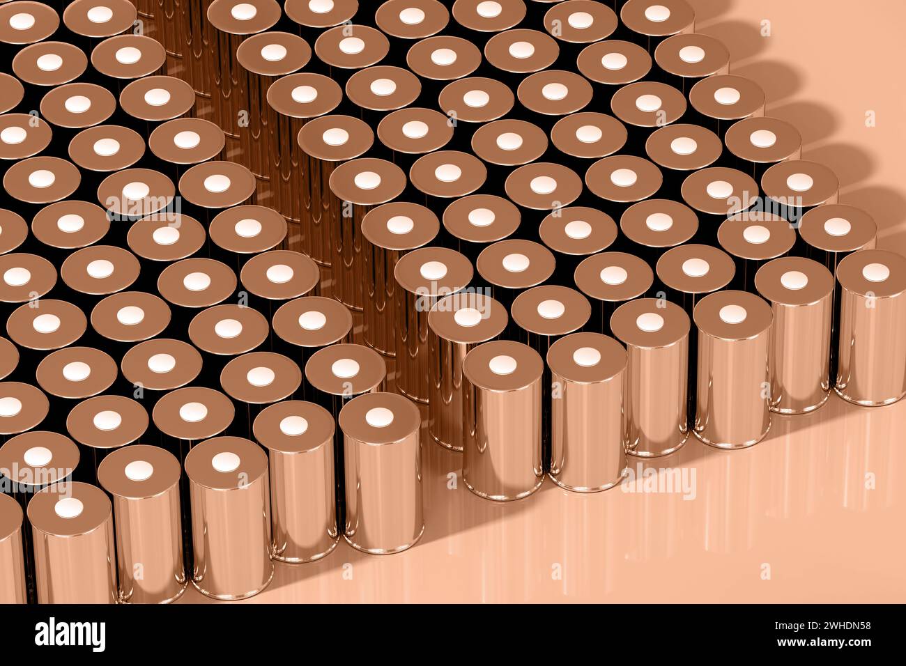 Packung mit zylindrischer Lithium-Traktions-Pfirsichbatterie im Gold-Format 4680 für Module, zylindrische Hochenergie-Akkumulatoren, Trockenelektrode, Leistung, Energie für e Stockfoto