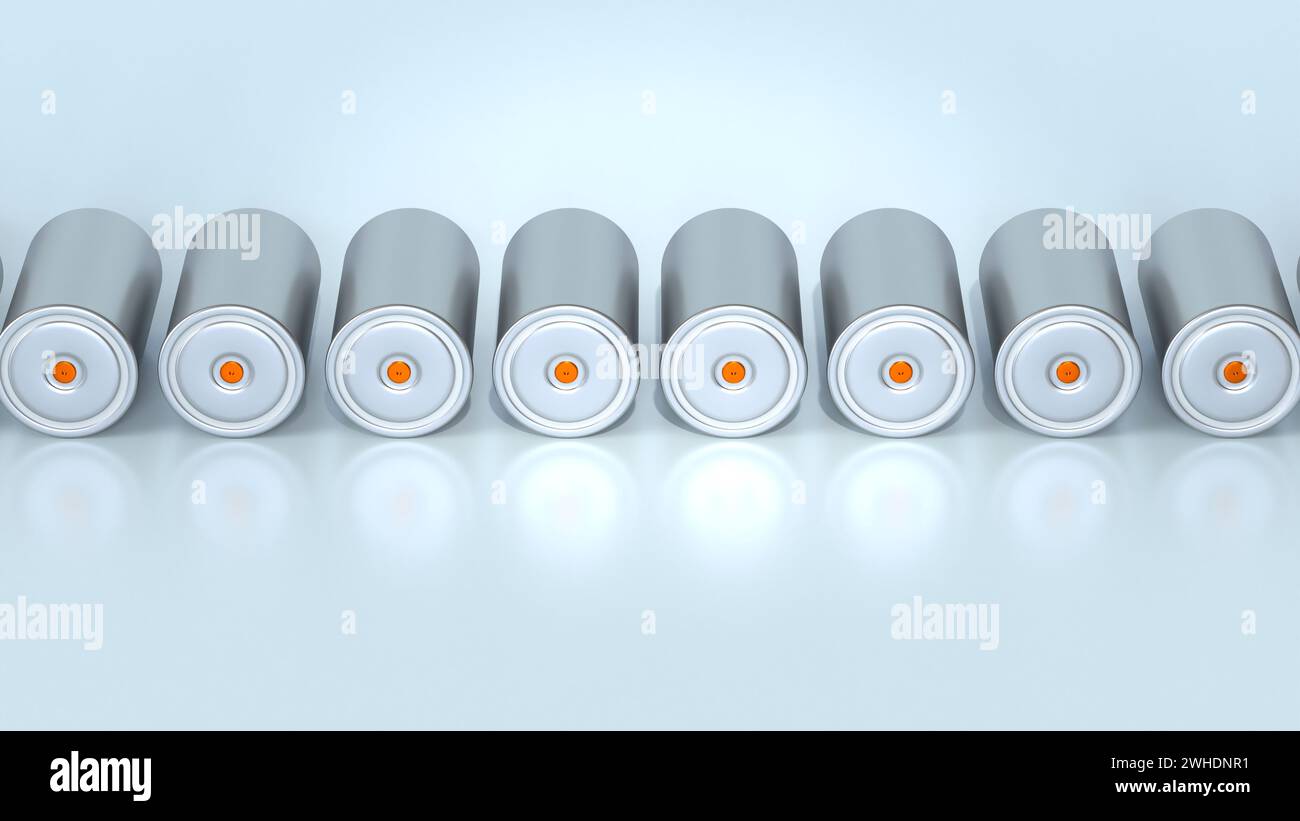Serie neue Li-Ion-Batterien 4680 Herstellung, zylindrische Hochenergie-Akkumulatoren, Verwendung von Trockenelektroden, Leistung und Energie für Elektrofahrzeuge, Advanc Stockfoto
