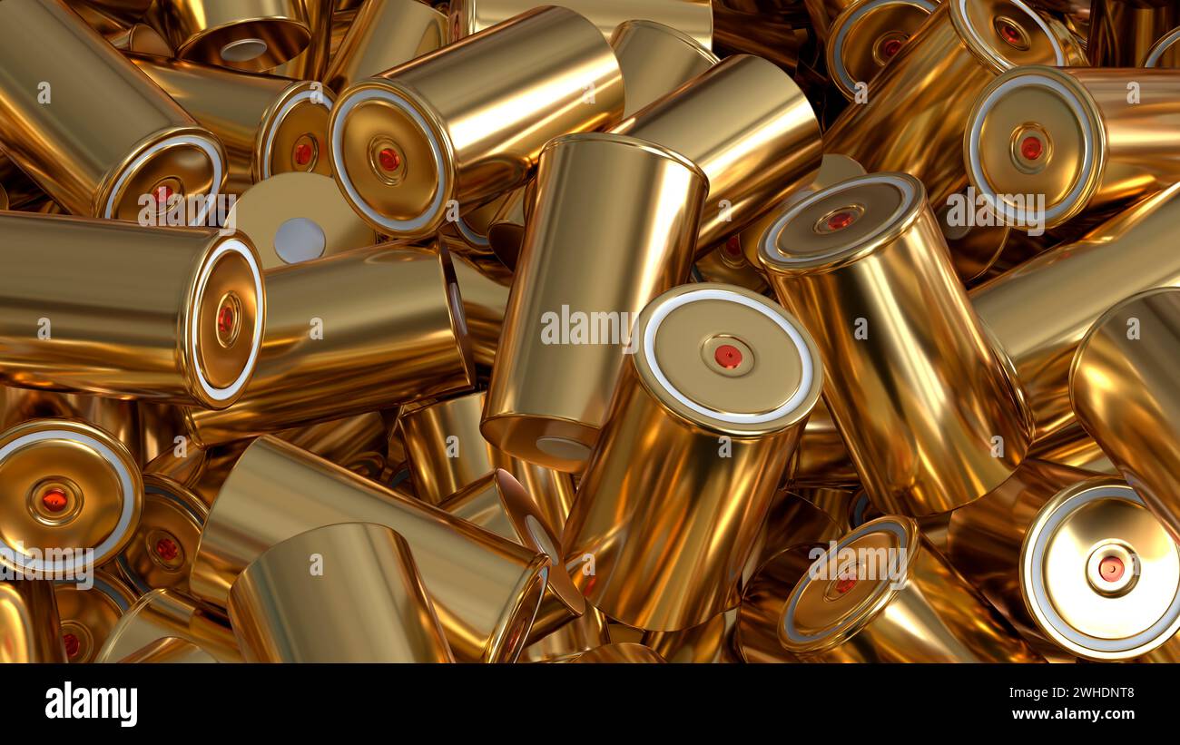 Close-up Gold 4680 Format zylindrische Lithium-Traktionsbatterie für Batteriemodule, Massenakkumulatoren, Hochleistungs- und Energieanwendungen für elektrische Geräte Stockfoto