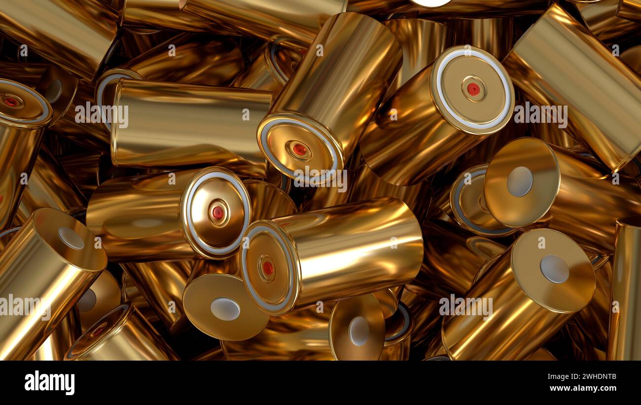 Zylindrische Lithium-Traktionsbatterie im Format 4680 Gold für Batteriemodule, Massenakkumulatoren für hohe Leistung und Energie für Elektrofahrzeuge, u Stockfoto