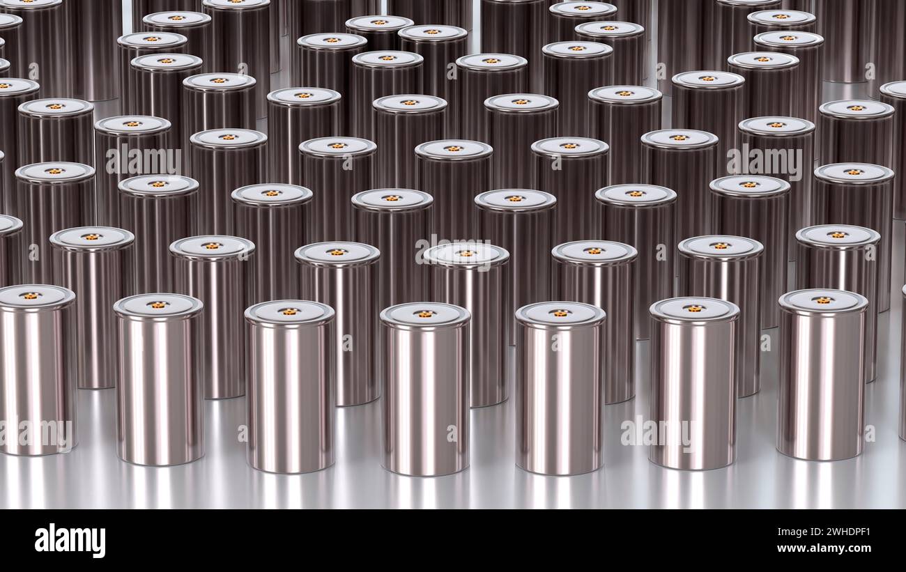 Packung mit zylindrischer Lithium-Traktionsbatterie im Format 4680 für Batteriemodule, Massenakkumulatoren für Hochleistungs- und Energieanwendungen für Elektrofahrzeuge, u Stockfoto